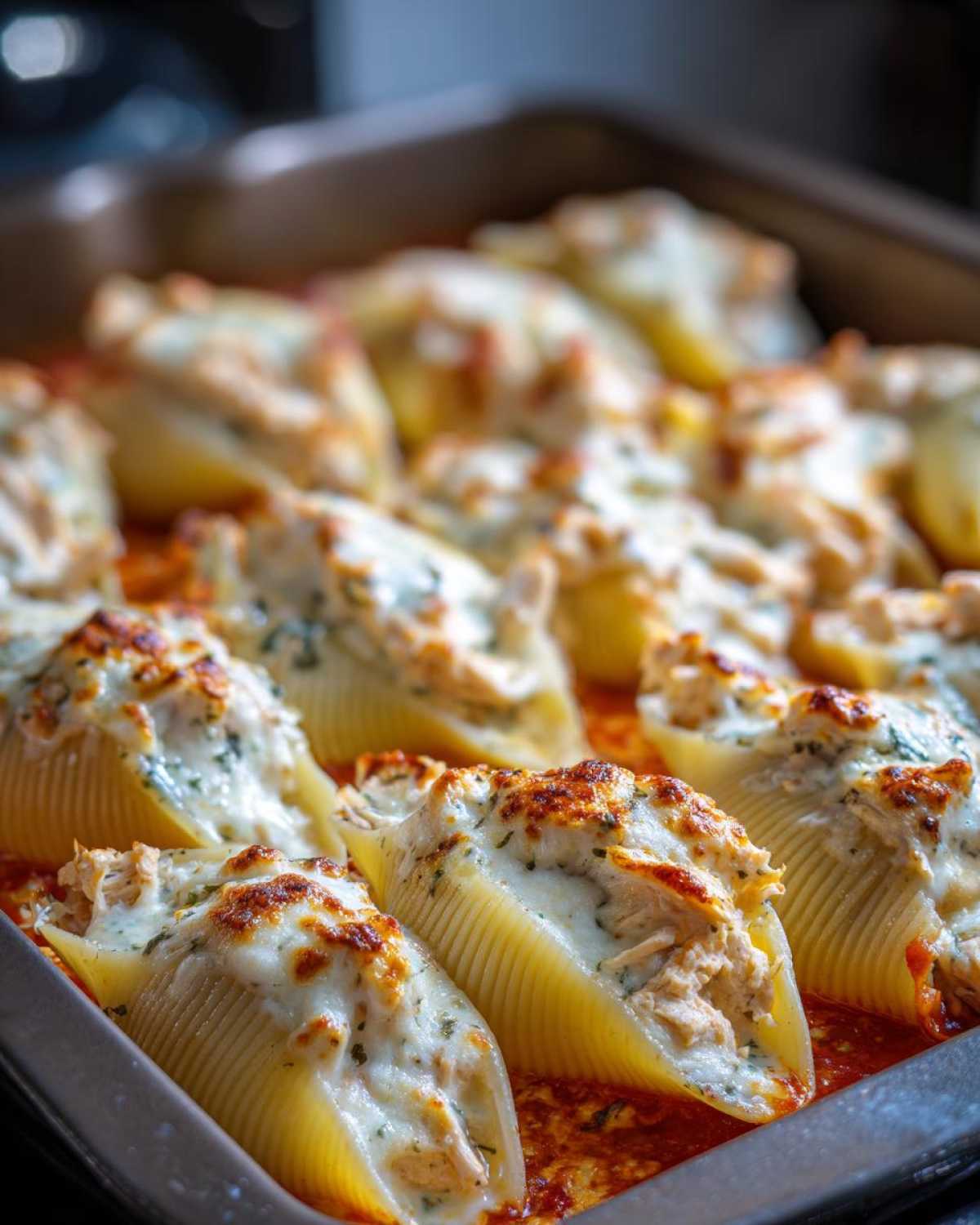 Close-up of baked Cheesy Chicken Alfredo Stuffed Pasta Shells topped with melted, browned cheese and parsley.