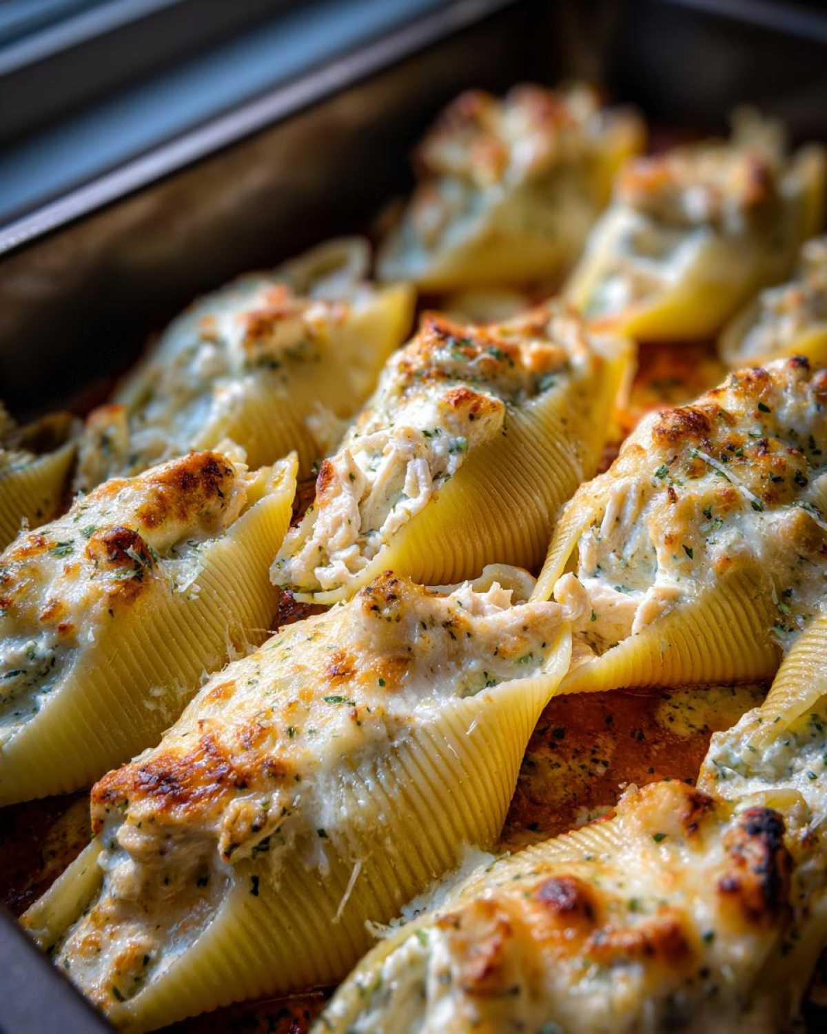 Close-up of baked Cheesy Chicken Alfredo Stuffed Pasta Shells with golden melted cheese topping.