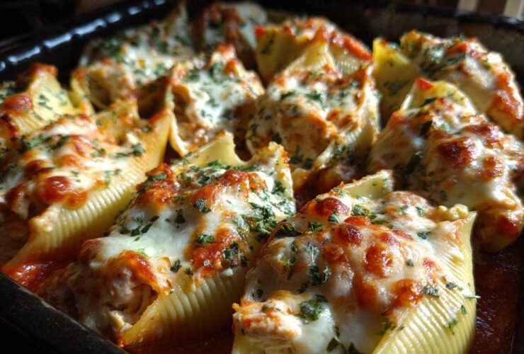 Close-up of baked Cheesy Chicken Alfredo Stuffed Pasta Shells topped with melted, browned cheese and parsley.