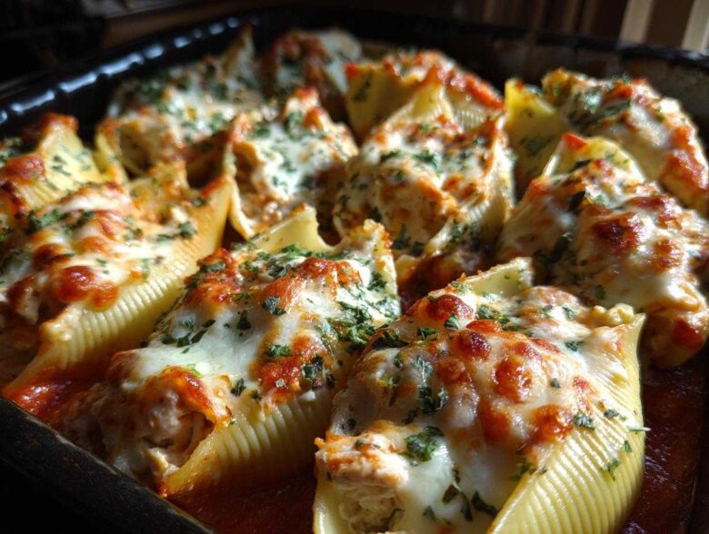 Close-up of baked Cheesy Chicken Alfredo Stuffed Pasta Shells topped with melted, browned cheese and parsley.