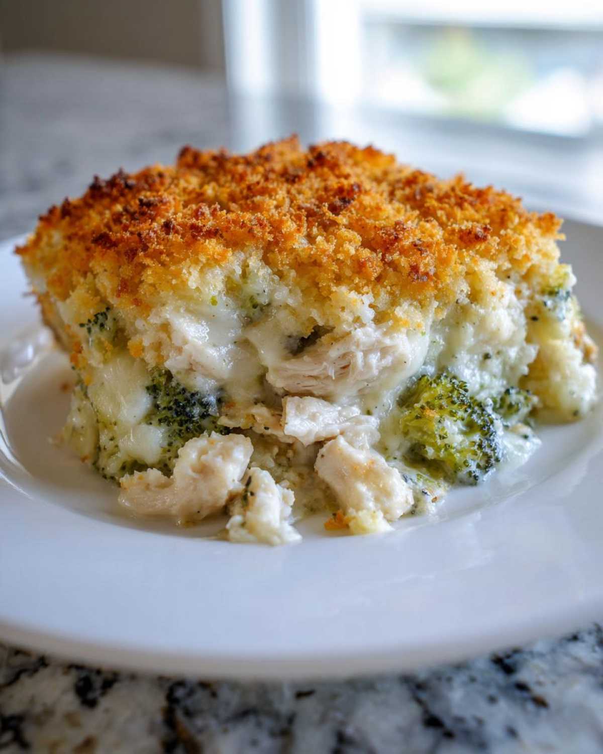 A close-up serving of Cheesy Chicken and Broccoli Bake Comfort Dish with a golden, crunchy topping.