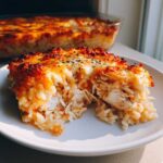 A serving of Cheesy Chicken and Rice Bake with a golden, bubbly cheese crust on a white plate.