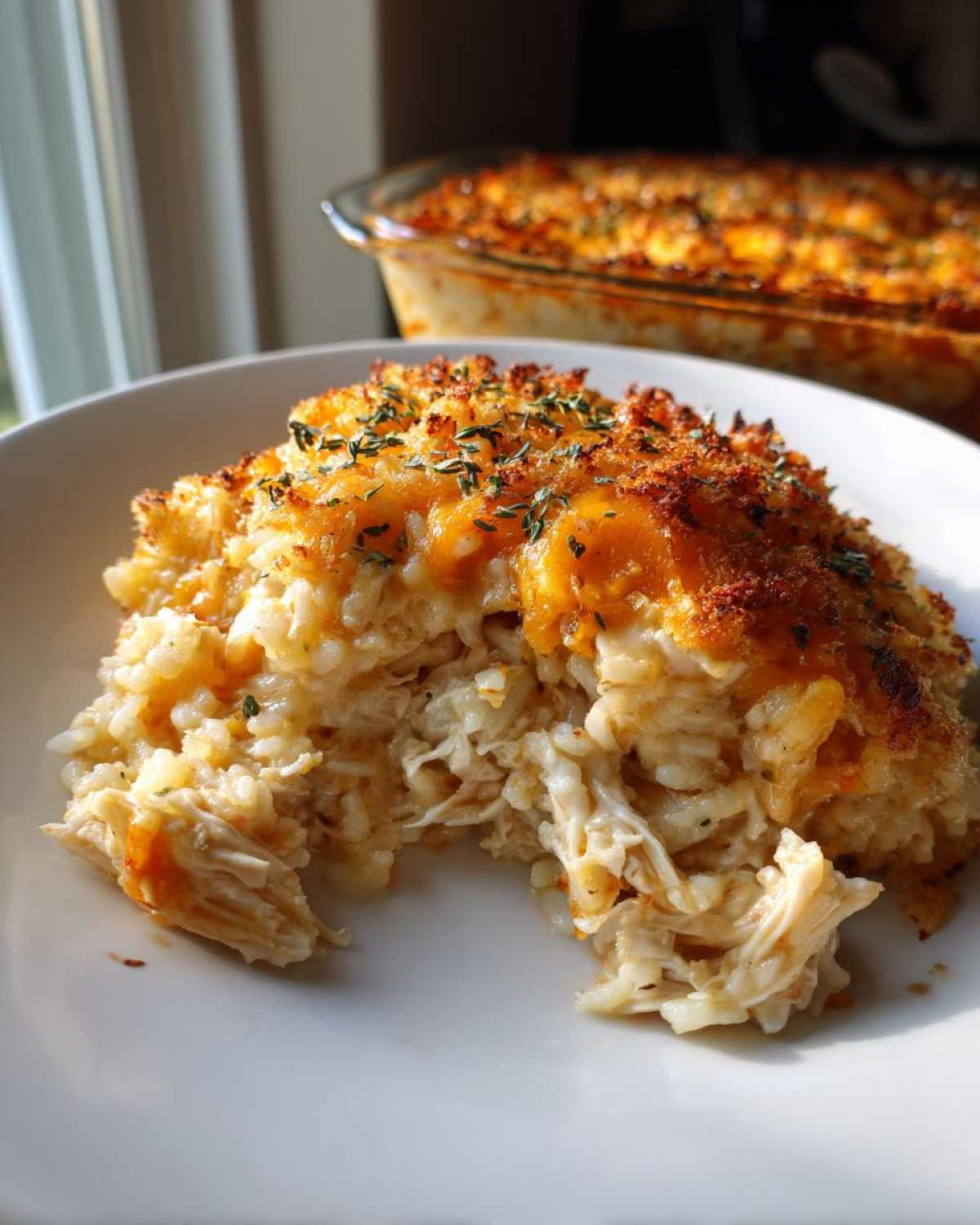 A serving of Cheesy Chicken and Rice Bake with Golden Top on a white plate, showing shredded chicken and rice.