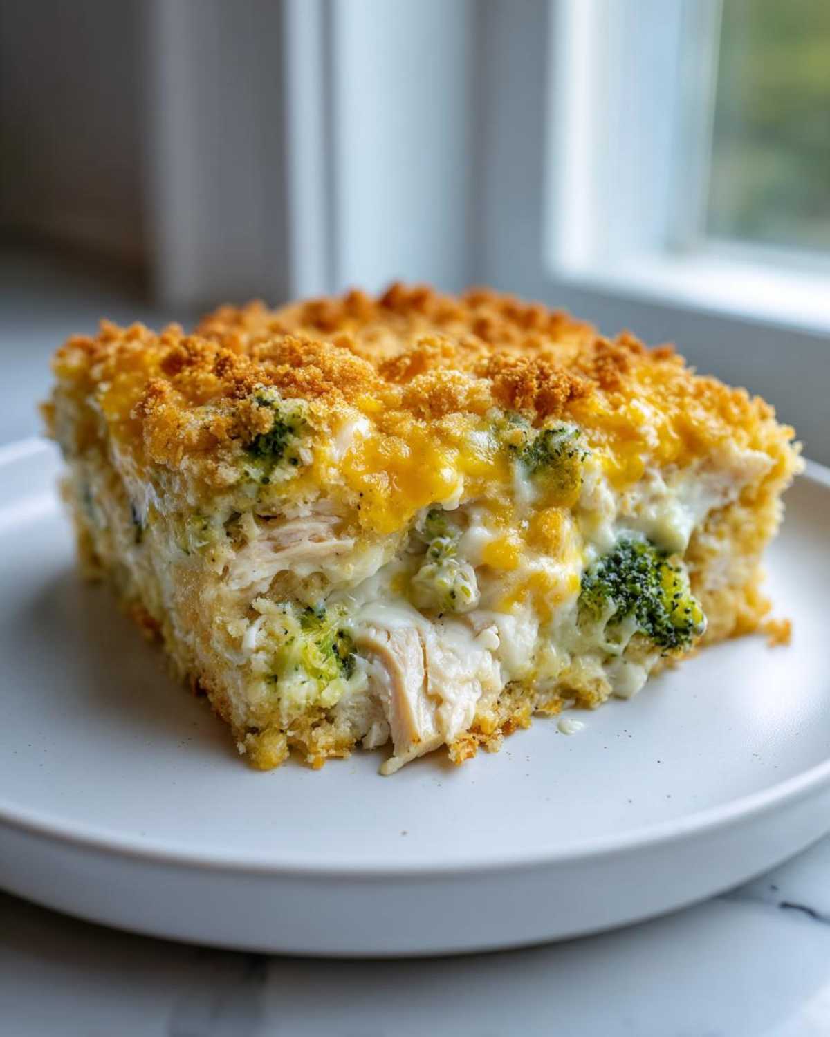 A close-up of a square slice of Cheesy Chicken and Broccoli Bake Comfort Dish with a crispy topping.