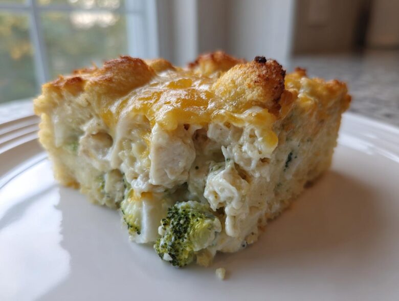A close-up of a square slice of Cheesy Chicken and Broccoli Bake Comfort Dish with a golden, cheesy crust.