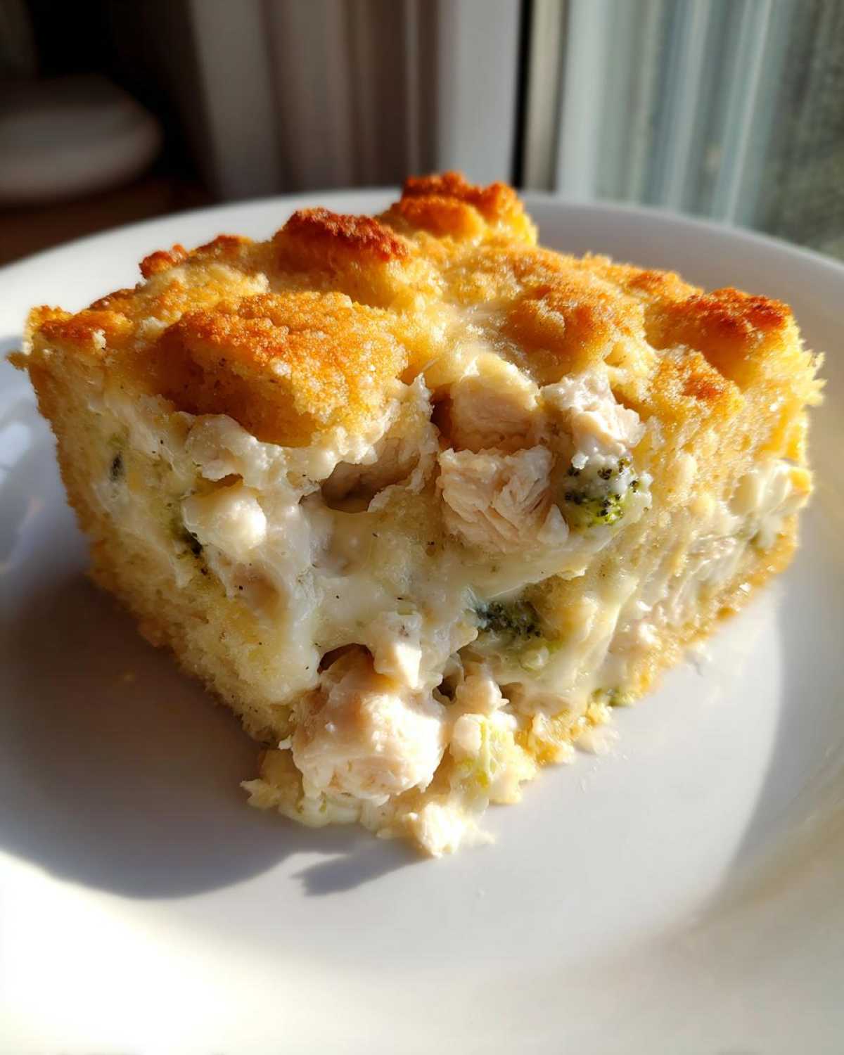A close-up of a square serving of Cheesy Chicken and Broccoli Bake Comfort Dish with a golden crust.
