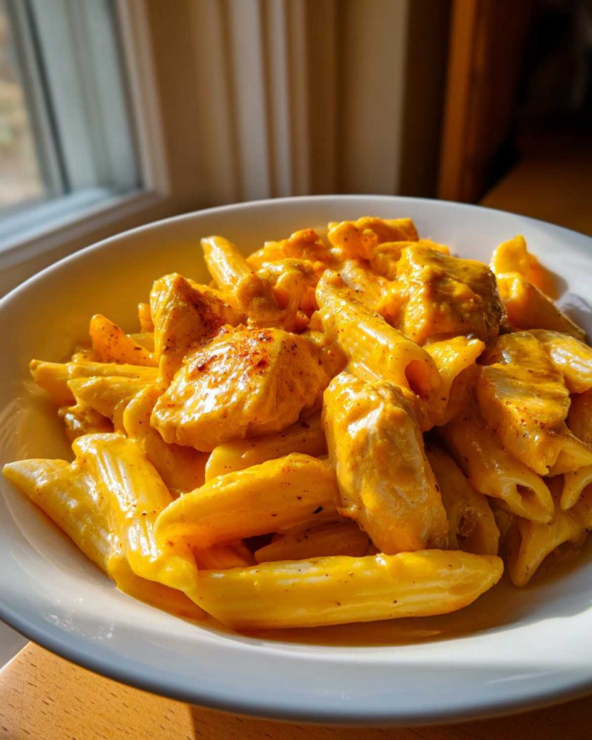 Close-up of penne pasta mixed with chunks of chicken in a vibrant, creamy, cheesy chicken pasta sauce.