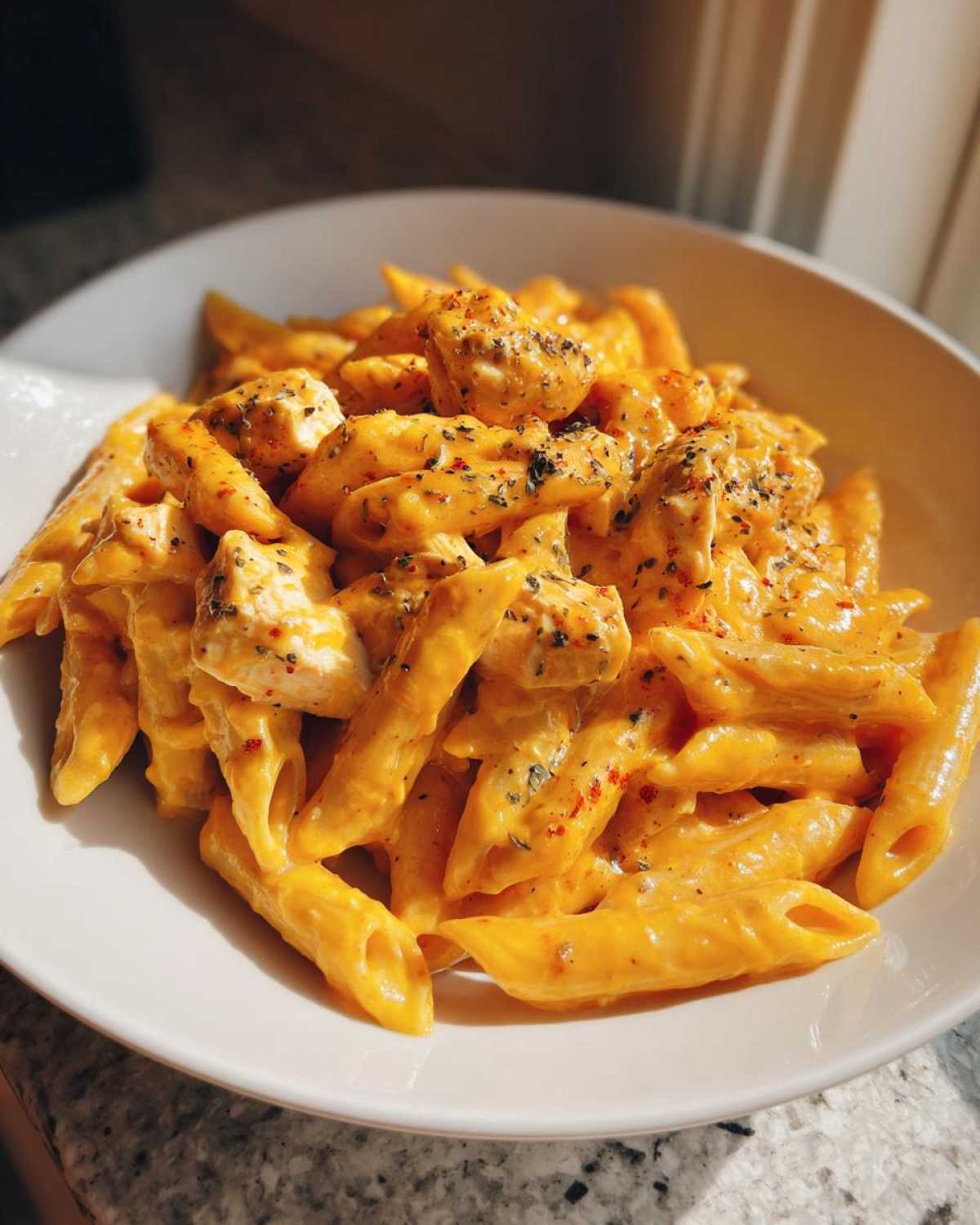 A bowl of penne pasta coated in a rich, orange creamy sauce with chunks of chicken, seasoned with herbs for Cheesy Chicken Pasta with Creamy Sauce.