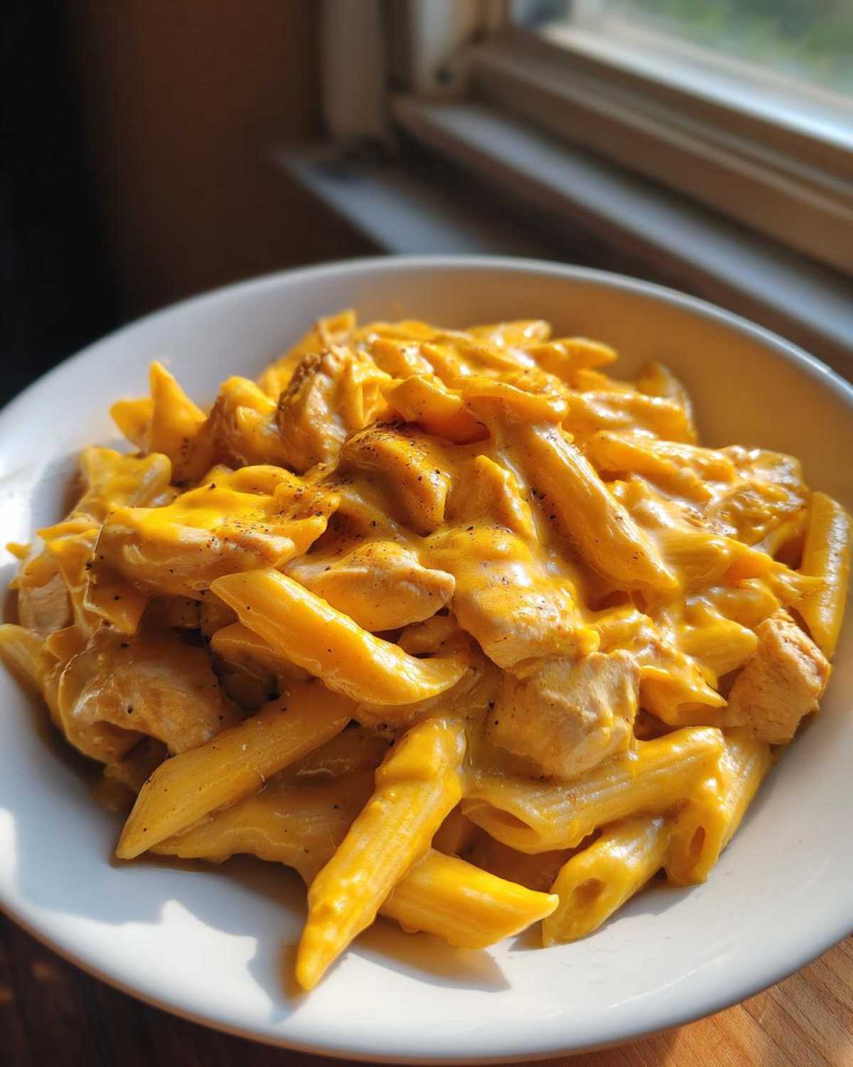 A close-up of penne pasta mixed with chunks of chicken in a rich, bright orange Cheesy Chicken Pasta with Creamy Sauce, seasoned with pepper.