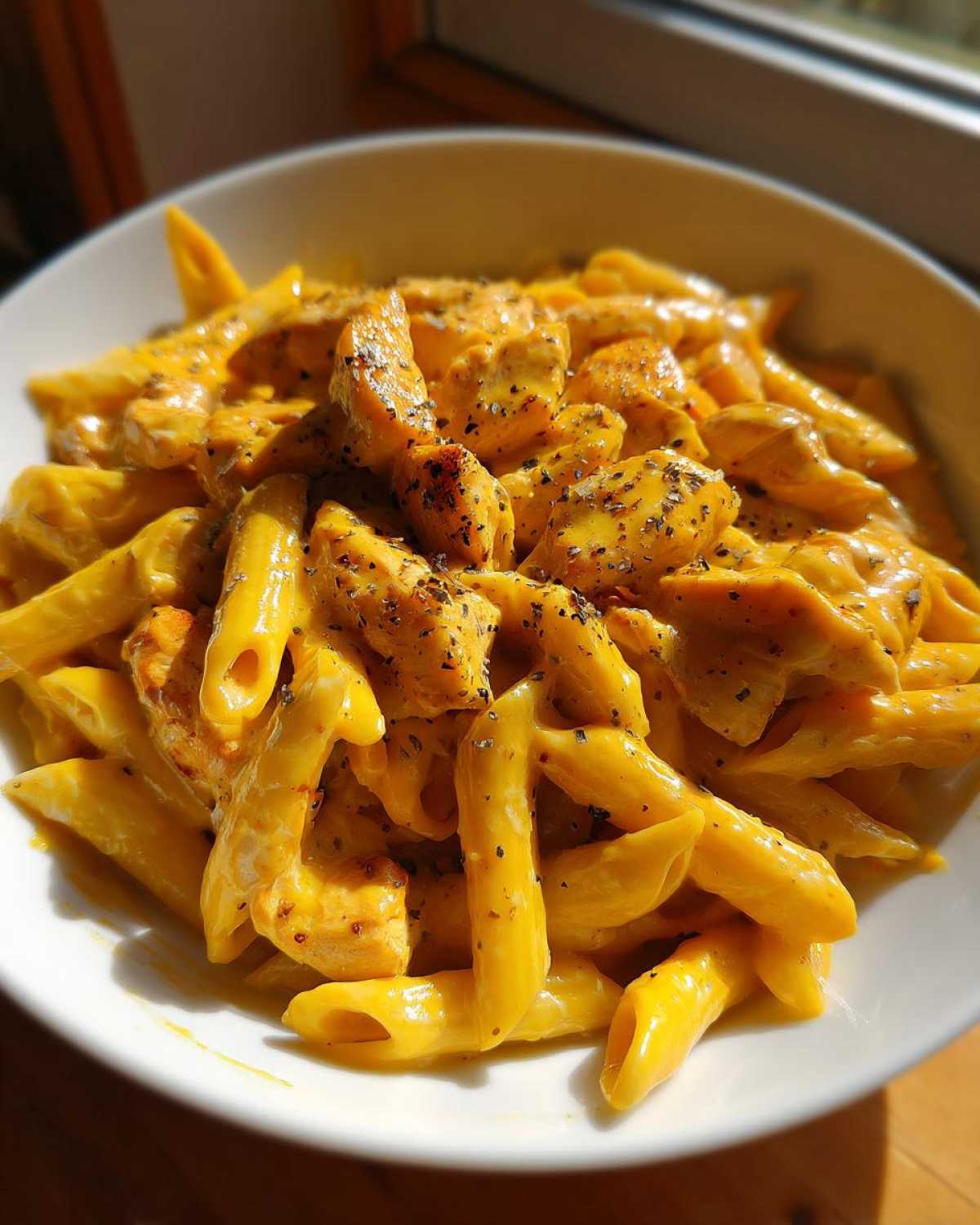 A close-up shot of penne pasta coated in a rich, yellow creamy sauce with chunks of seasoned chicken, forming the Cheesy Chicken Pasta with Creamy Sauce.