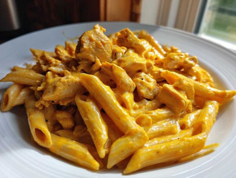 A close-up shot of penne pasta mixed with chunks of chicken in a rich, orange-hued Cheesy Chicken Pasta with Creamy Sauce, served on a white plate.