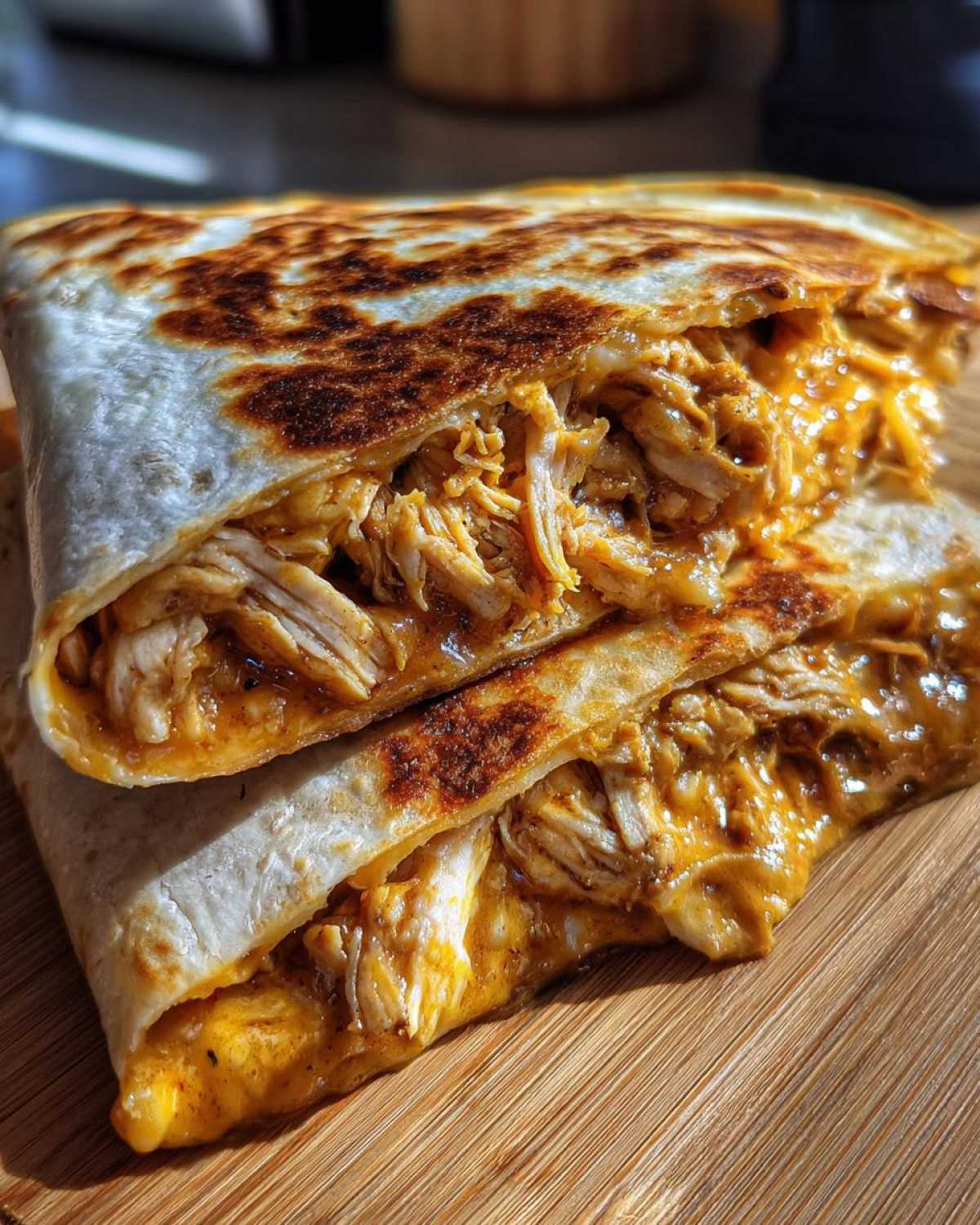 Two halves of a perfectly grilled Cheesy Chicken Quesadilla with Creamy Filling stacked on a wooden board, showing melted cheese and shredded chicken.