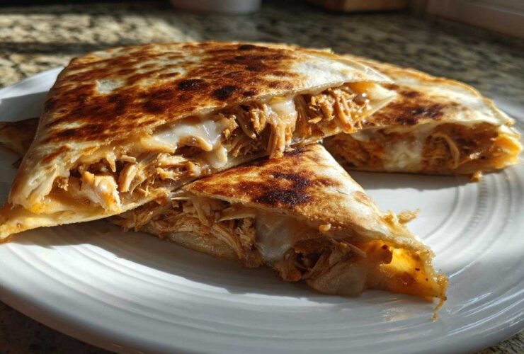 Close-up of a golden-brown Cheesy Chicken Quesadilla with creamy filling, cut into triangles on a white plate.