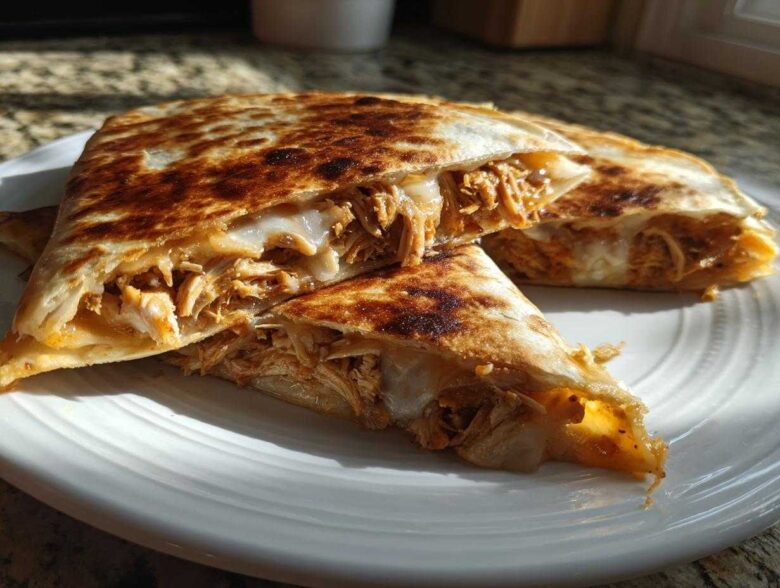 Close-up of a golden-brown Cheesy Chicken Quesadilla with creamy filling, cut into triangles on a white plate.