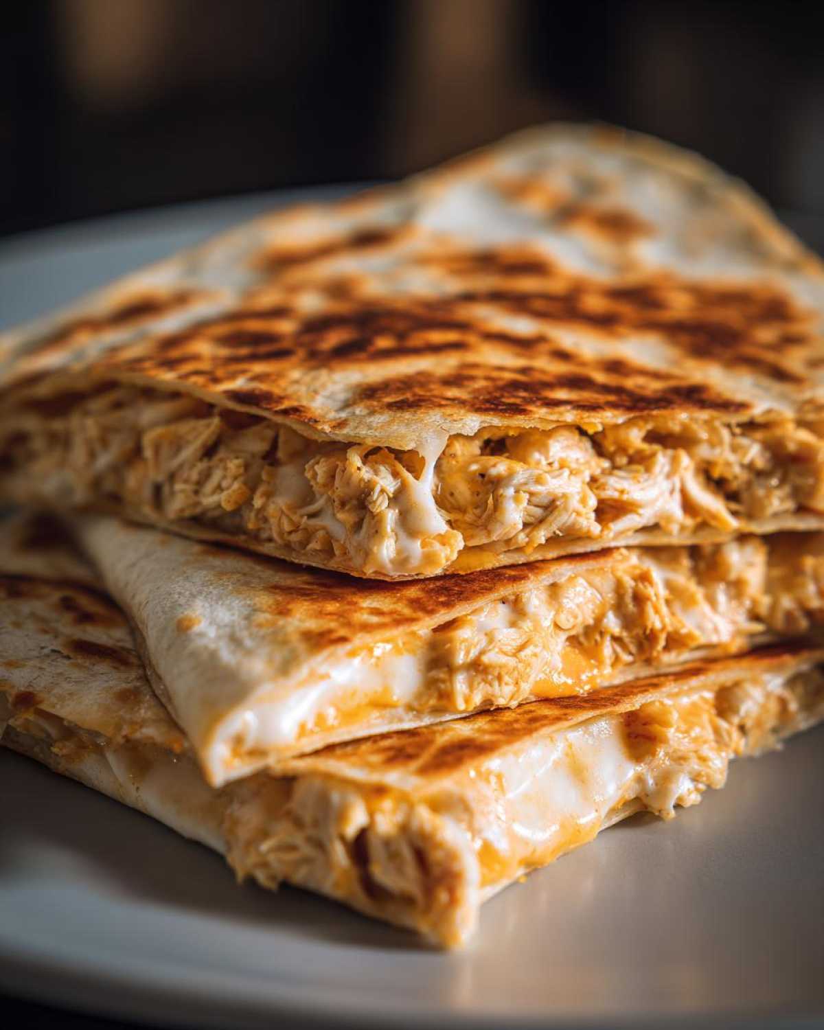 Close-up of stacked, golden-brown Cheesy Chicken Quesadilla slices oozing with creamy filling.
