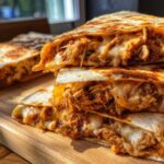 Three stacked, golden-brown wedges of Cheesy Chicken Quesadilla with Creamy Filling oozing melted cheese.