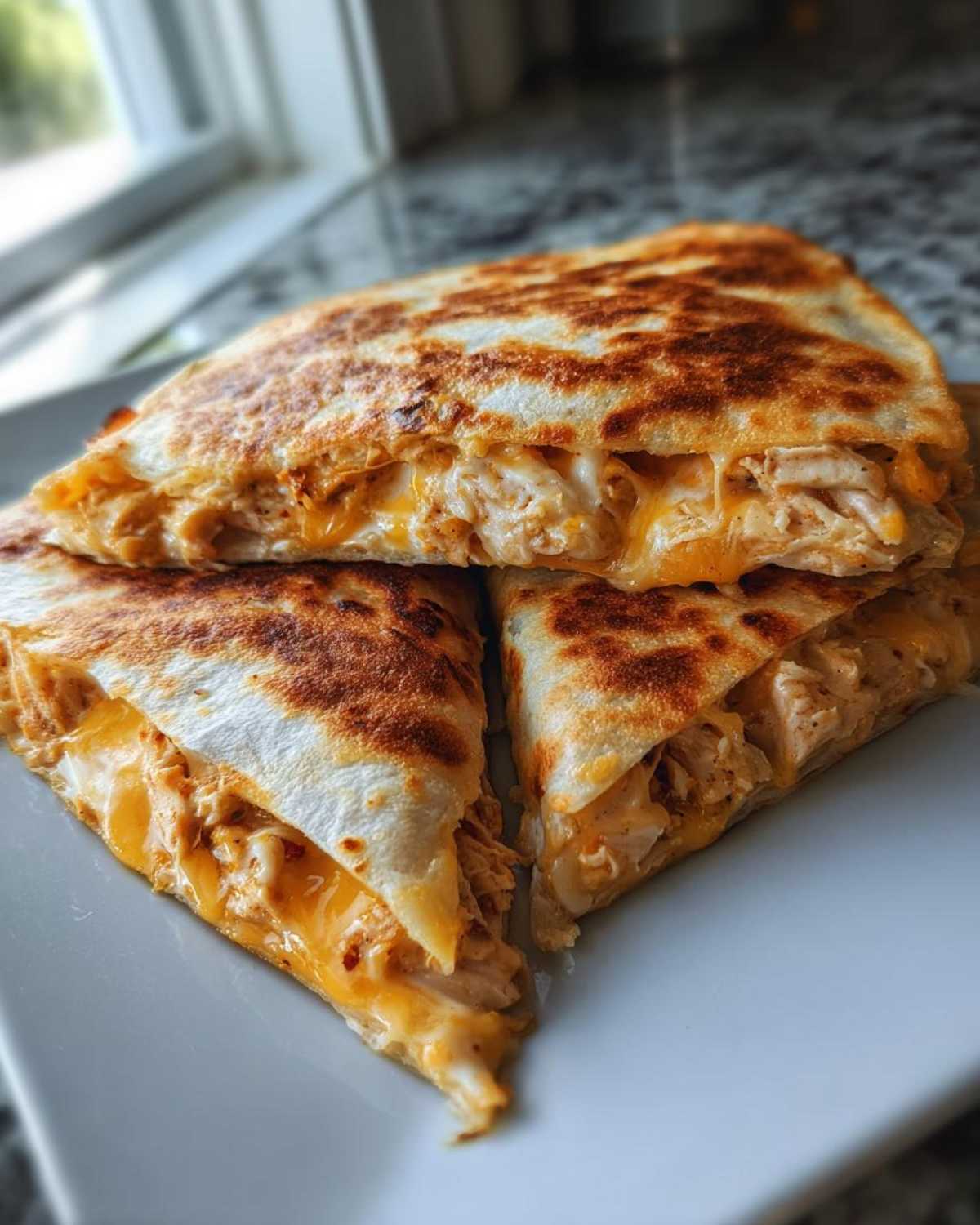 Three wedges of Cheesy Chicken Quesadilla with crispy, golden-brown tortillas and melted cheese overflowing.