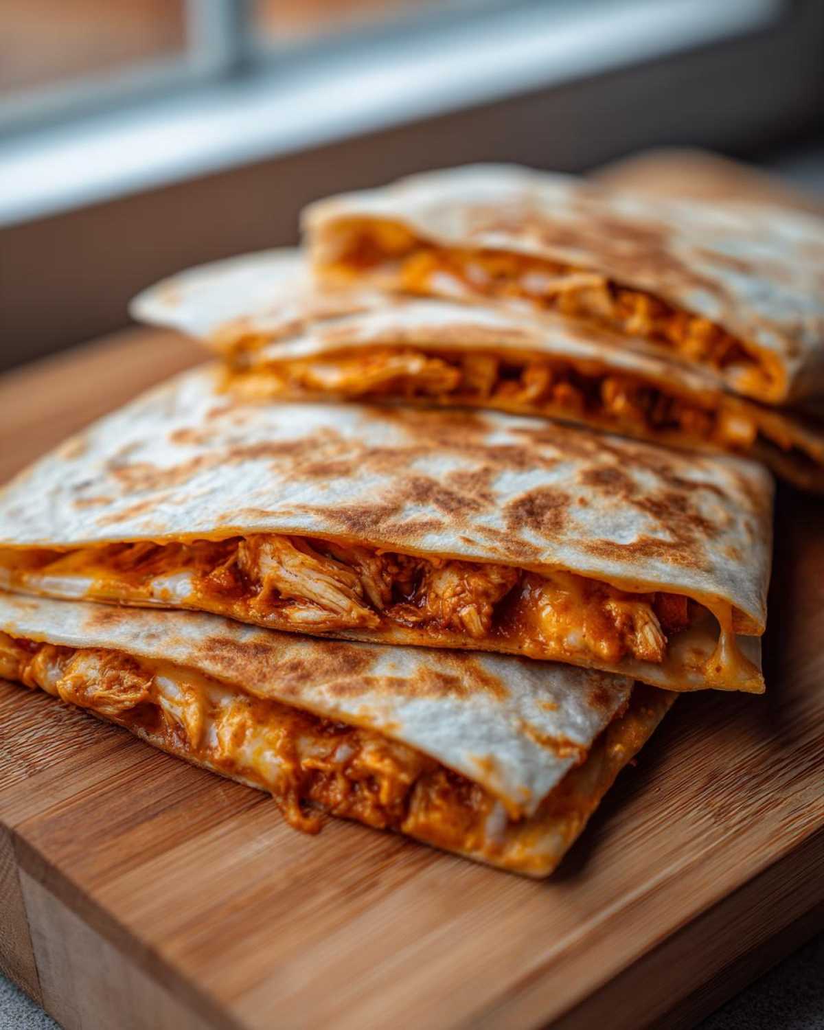A stack of perfectly grilled Cheesy Chicken Quesadilla slices showing melted cheese and shredded chicken filling on a wooden board.