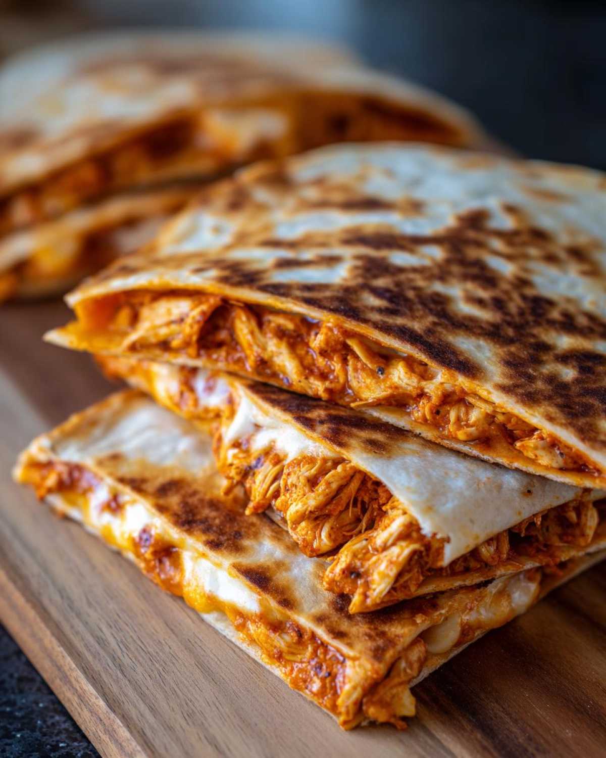 Close-up of stacked, golden-brown Cheesy Chicken Quesadilla with crispy tortillas and melted cheese.