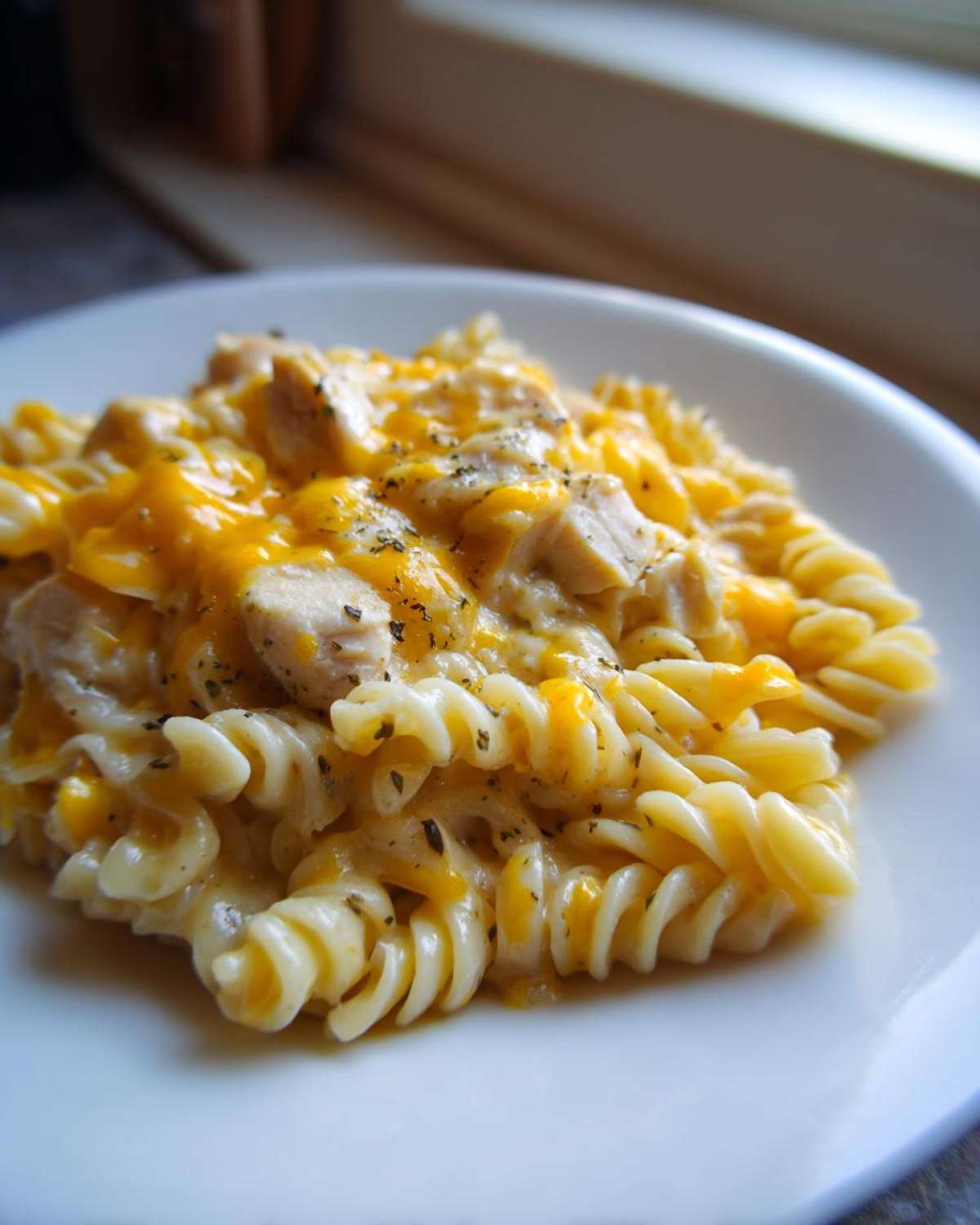 A close-up of Cheesy Chicken Queso Pasta made with rotini pasta, topped with melted cheddar and herbs.