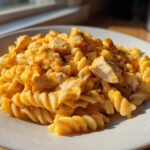 A close-up of a white plate piled high with Cheesy Chicken Queso Pasta Creamy and Rich, featuring rotini pasta coated in orange queso sauce and chunks of chicken.