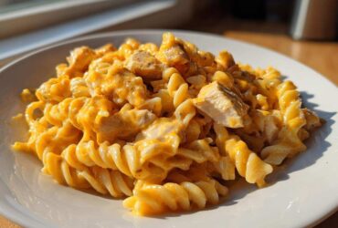 A close-up of a white plate piled high with Cheesy Chicken Queso Pasta Creamy and Rich, featuring rotini pasta coated in orange queso sauce and chunks of chicken.