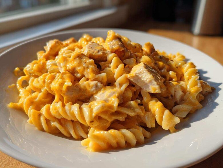 A close-up of a white plate piled high with Cheesy Chicken Queso Pasta Creamy and Rich, featuring rotini pasta coated in orange queso sauce and chunks of chicken.