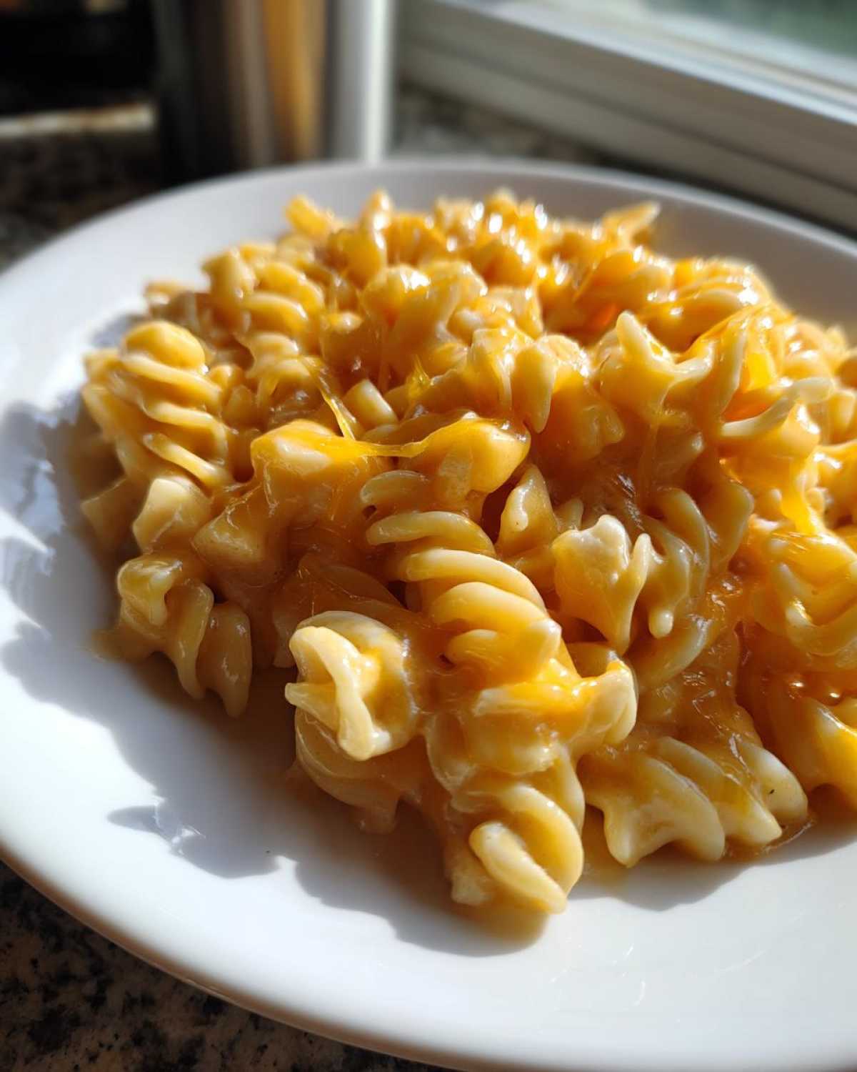 Close-up of Cheesy Chicken Queso Pasta made with rotini pasta coated in a rich, orange cheese sauce.