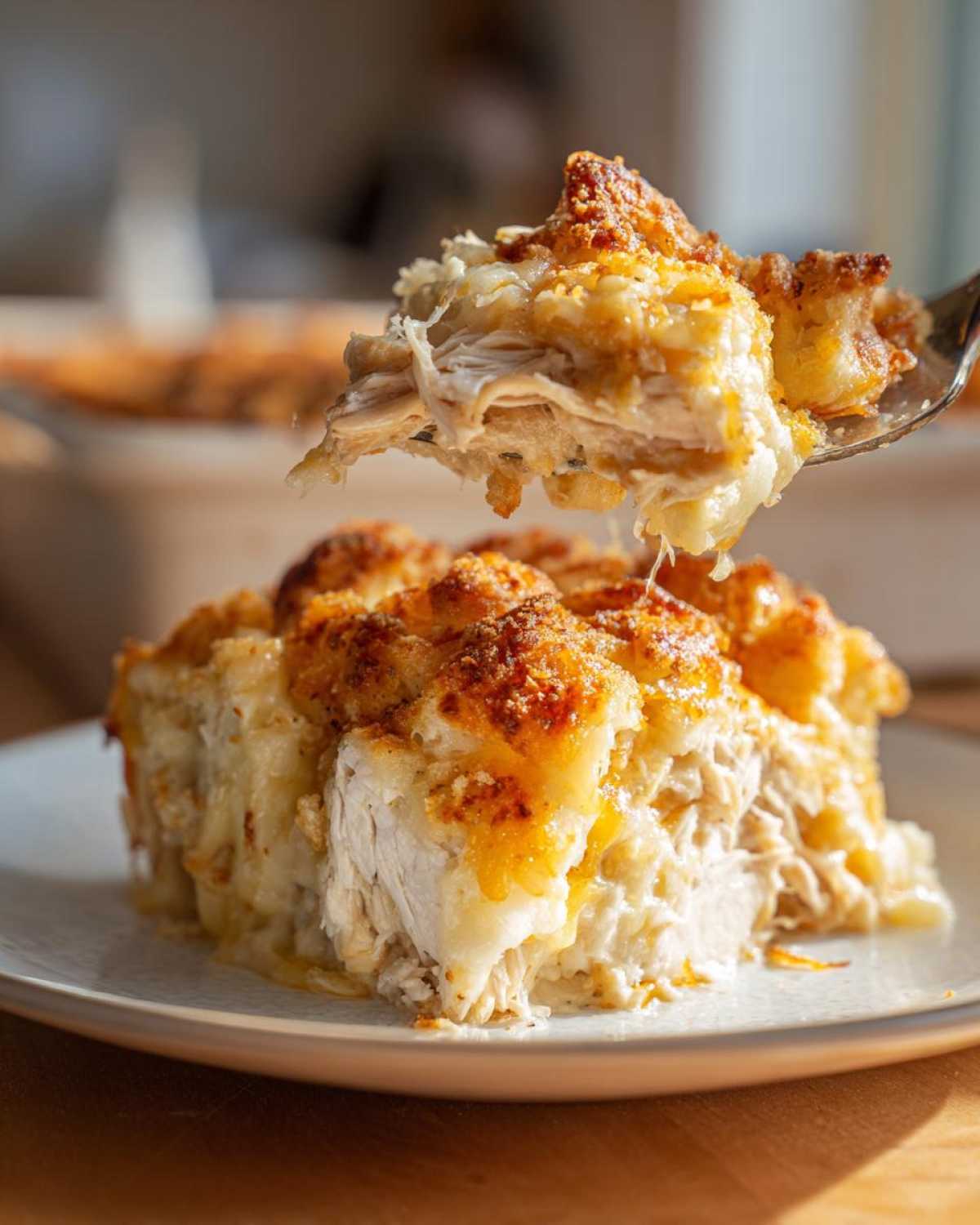 A fork lifts a piece of Cheesy Chicken and Rice Bake with Golden Top, showing shredded chicken and melted cheese.