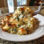 A fork lifts a portion of Cheesy Chicken and Spinach Bake Comfort Meal showing a dramatic cheese pull.
