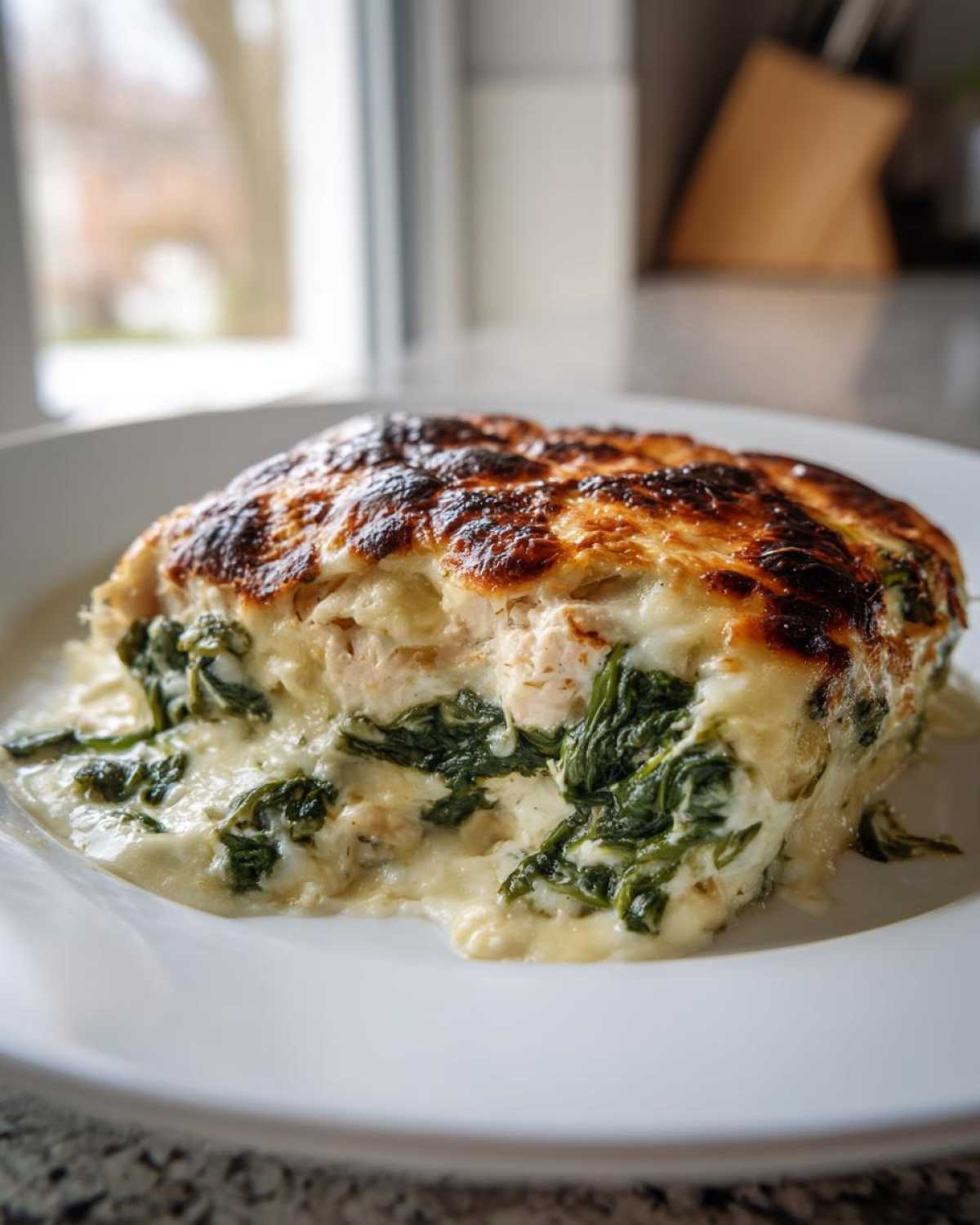 A close-up serving of Cheesy Chicken and Spinach Bake Comfort Meal with a bubbly, browned cheese crust.
