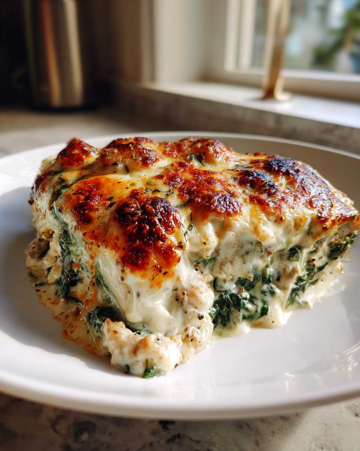 A close-up serving of Cheesy Chicken and Spinach Bake Comfort Meal with a bubbly, browned cheese topping.