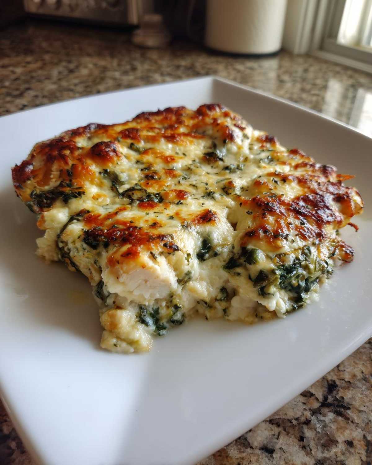 A close-up serving of Cheesy Chicken and Spinach Bake Comfort Meal with a golden, bubbly cheese topping.