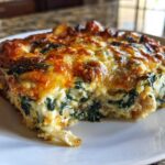 A close-up of a serving of Cheesy Chicken and Spinach Bake Comfort Meal with a golden-brown, bubbly cheese top.