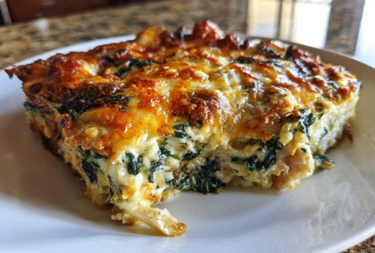 A close-up of a serving of Cheesy Chicken and Spinach Bake Comfort Meal with a golden-brown, bubbly cheese top.