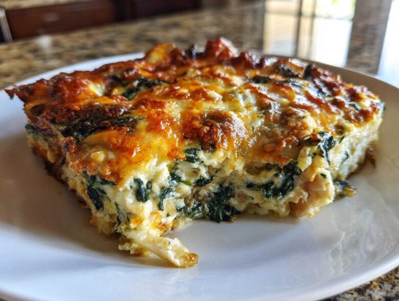 A close-up of a serving of Cheesy Chicken and Spinach Bake Comfort Meal with a golden-brown, bubbly cheese top.