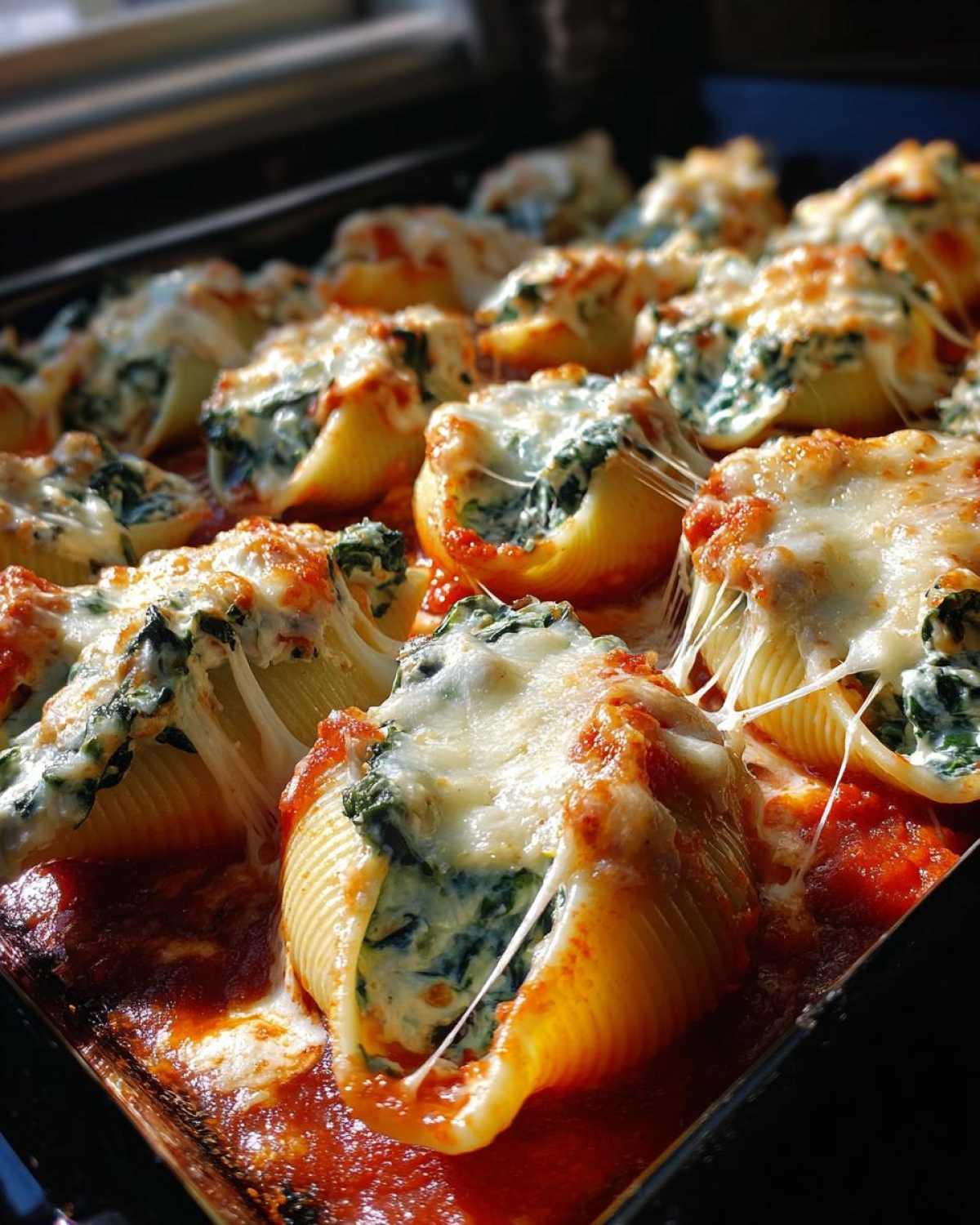 Close-up of baked Cheesy Chicken Stuffed Shells with Spinach, bubbling in tomato sauce with melted, stringy cheese.