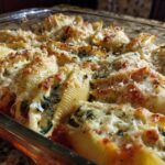 Close-up of baked Cheesy Chicken Stuffed Shells with Spinach, topped with melted, browned cheese in a glass baking dish.