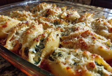 Close-up of baked Cheesy Chicken Stuffed Shells with Spinach, topped with melted, browned cheese in a glass baking dish.