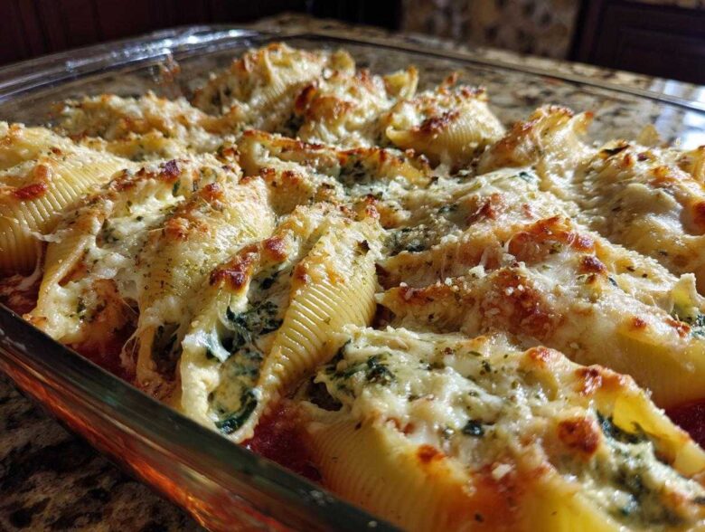 Close-up of baked Cheesy Chicken Stuffed Shells with Spinach, topped with melted, browned cheese in a glass baking dish.