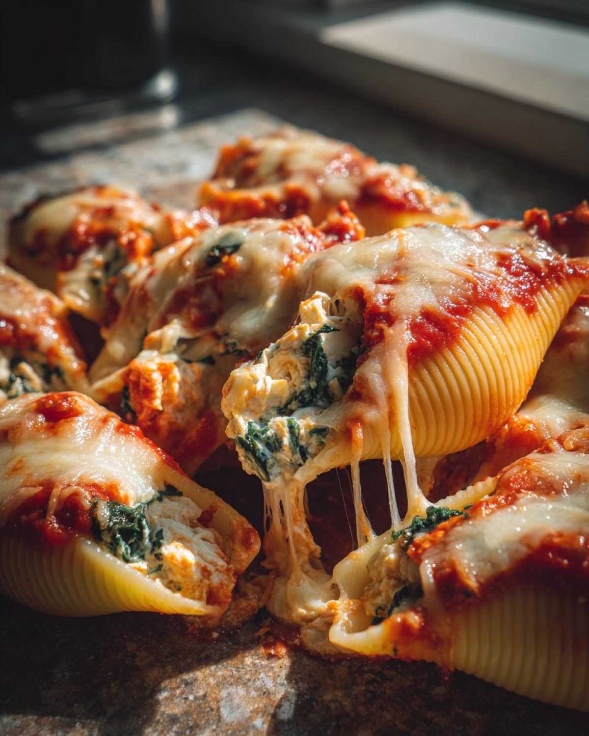 Close-up of baked Cheesy Chicken Stuffed Shells with Spinach, showing melted cheese stretching between two shells.