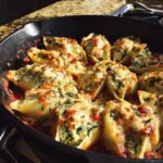 Close-up of baked Cheesy Chicken Stuffed Shells with Spinach topped with melted cheese in a cast iron skillet.