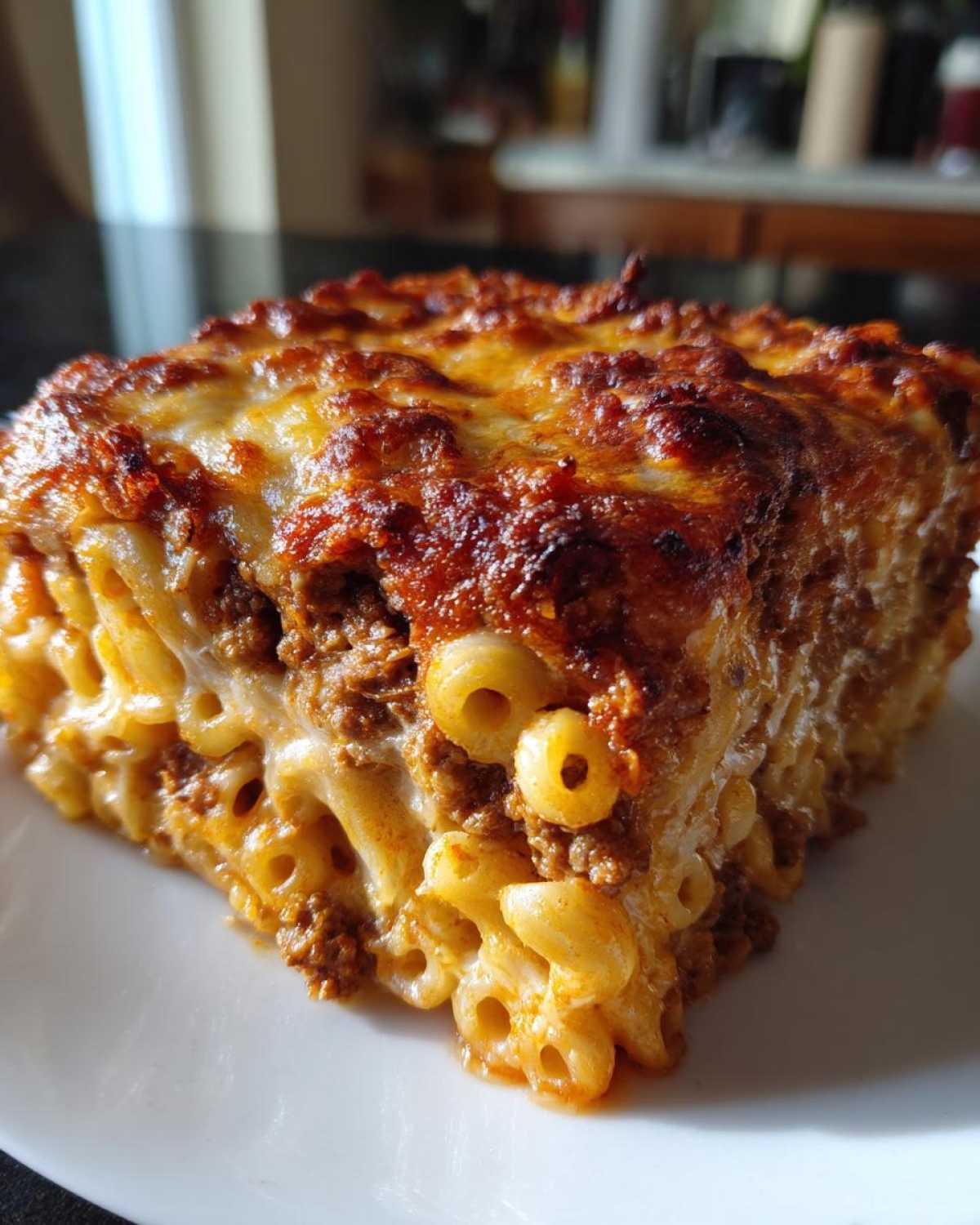 A close-up of a square serving of Cheesy Ground Beef Pasta Bake Comfort Food with a deeply browned, bubbly cheese crust.