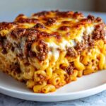 A close-up of a square slice of Cheesy Ground Beef Pasta Bake Comfort Food with a thick, browned cheese topping.