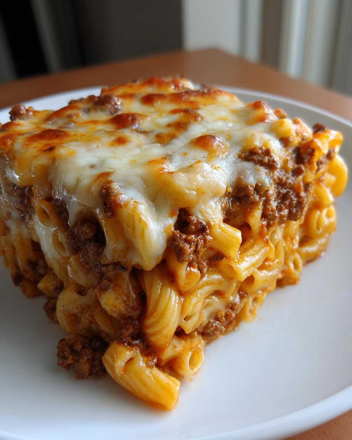 A hearty slice of Cheesy Ground Beef Pasta Bake Comfort Food topped with melted, golden-brown cheese.