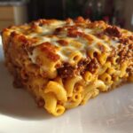 Close-up of a thick slice of Cheesy Ground Beef Pasta Bake Comfort Food with melted cheese topping.