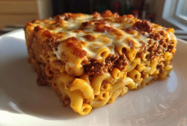 Close-up of a thick slice of Cheesy Ground Beef Pasta Bake Comfort Food with melted cheese topping.