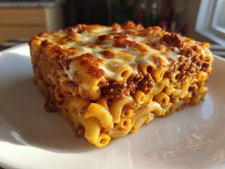 Close-up of a thick slice of Cheesy Ground Beef Pasta Bake Comfort Food with melted cheese topping.
