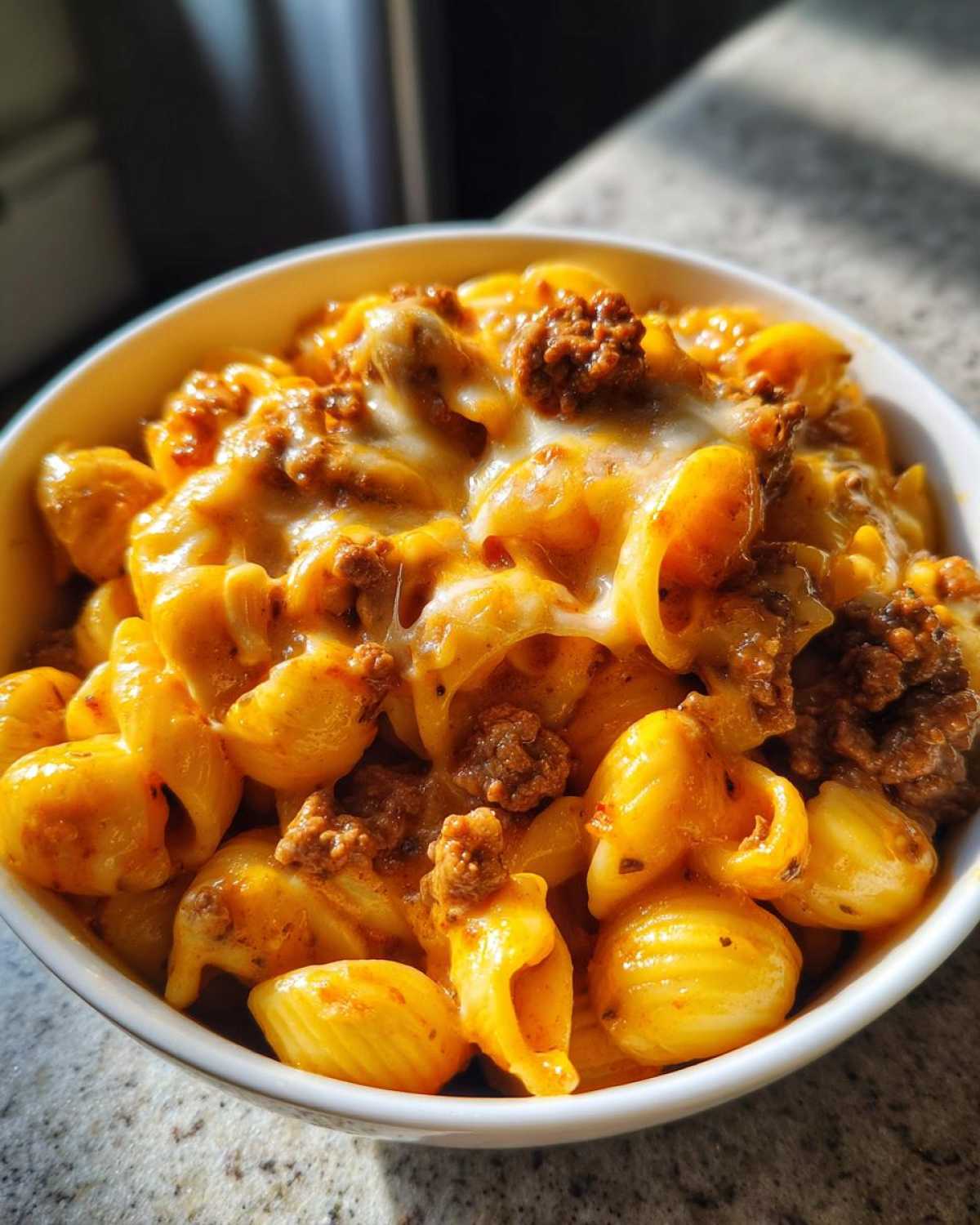 Close-up of a white bowl filled with Cheesy Ground Beef Pasta with Creamy Sauce, topped with melted cheese.