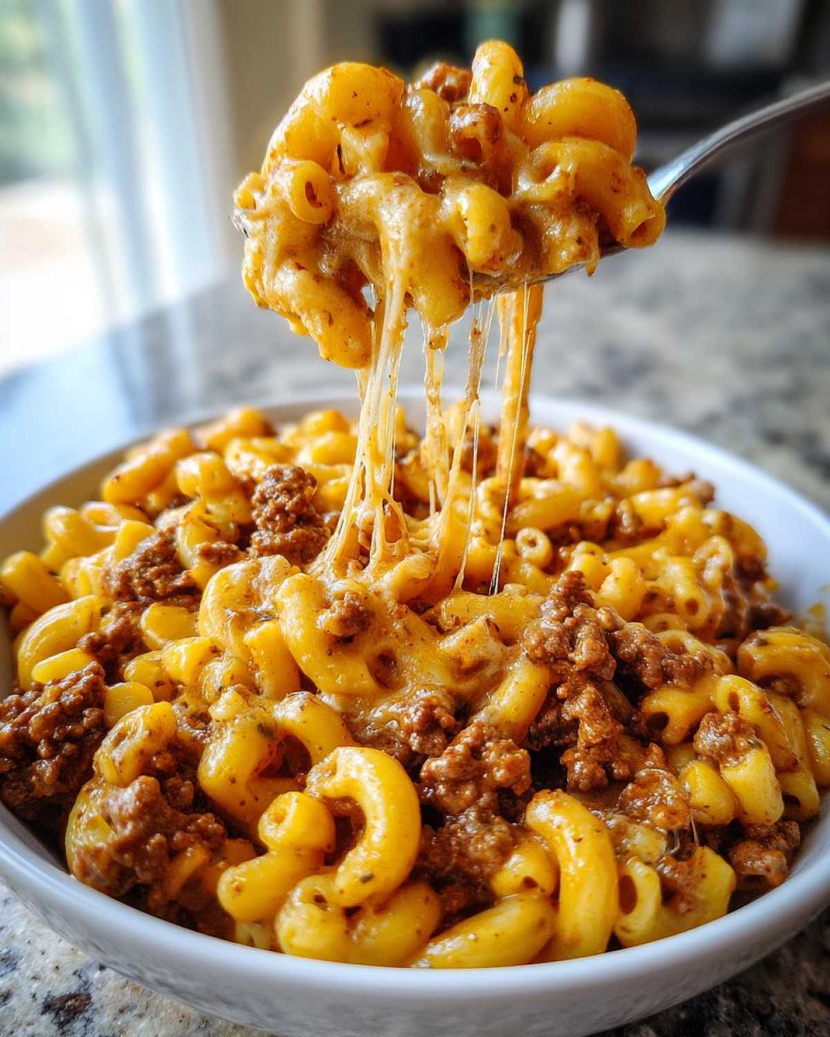 A spoonful of Cheesy Ground Beef Pasta with Creamy Sauce showing long, melted cheese pulls over a bowl of the dish.